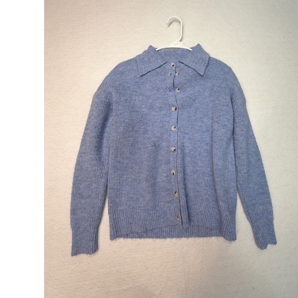 Central Park West Womens Light Blue Ribbed Knit Button Front Polo Cardigan XS - Picture 3 of 6